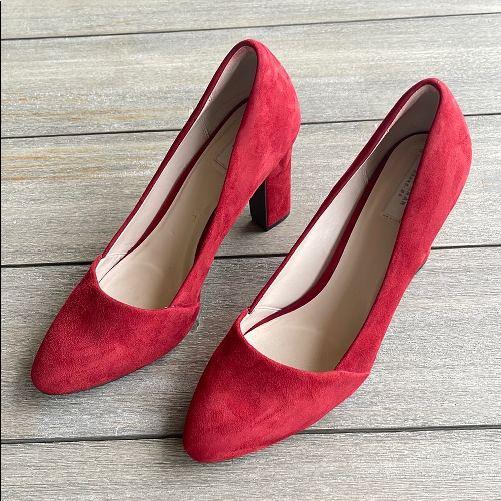 Cole Haan Red Suede Block Heel Pumps 4in heel